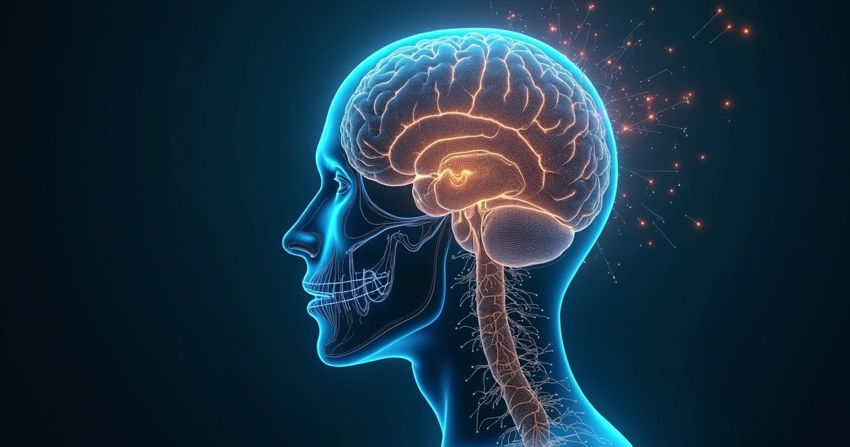 Human brain with glowing neural pathways merging with a translucent human silhouette 