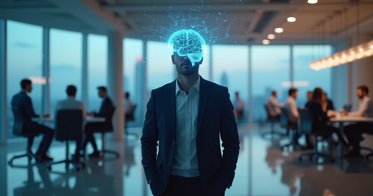 Business leader with illuminated brain network standing before diverse team 