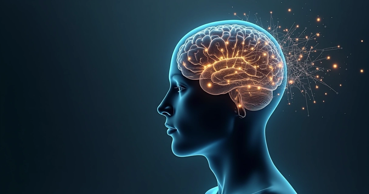 Human brain with glowing neural pathways transforming into clear thought patterns 