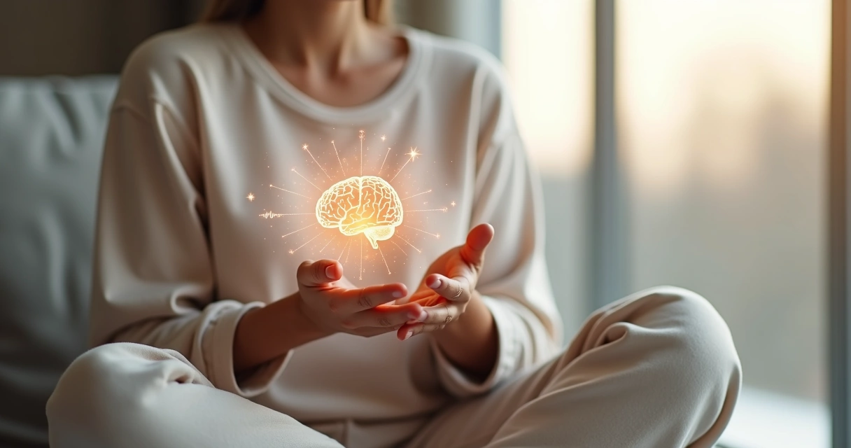 Person holding glowing brain and heart symbol in calm setting 