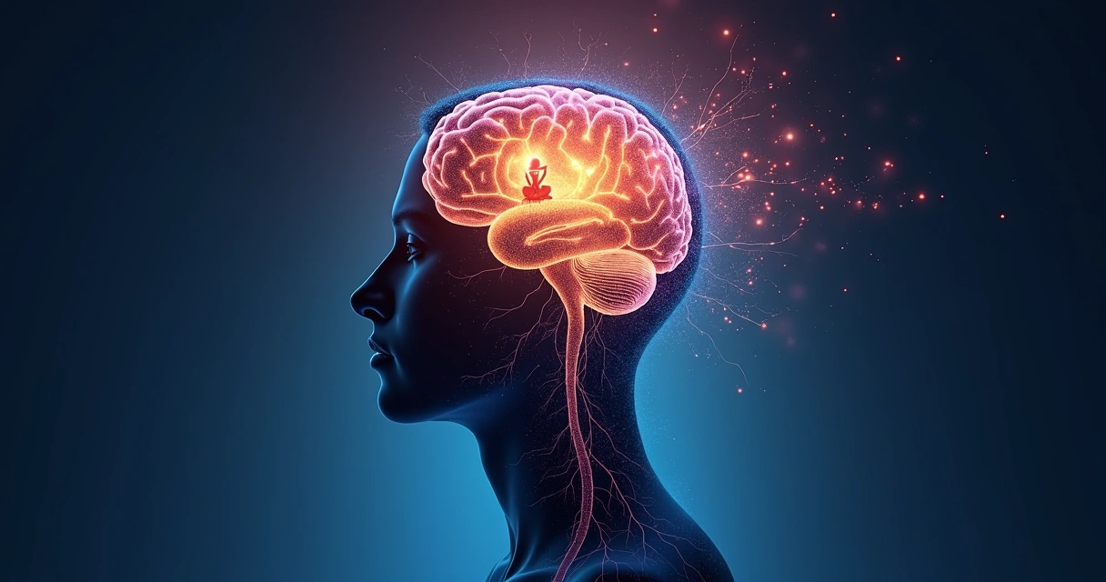 Human silhouette with illuminated brain surrounded by neural networks and reflective light 