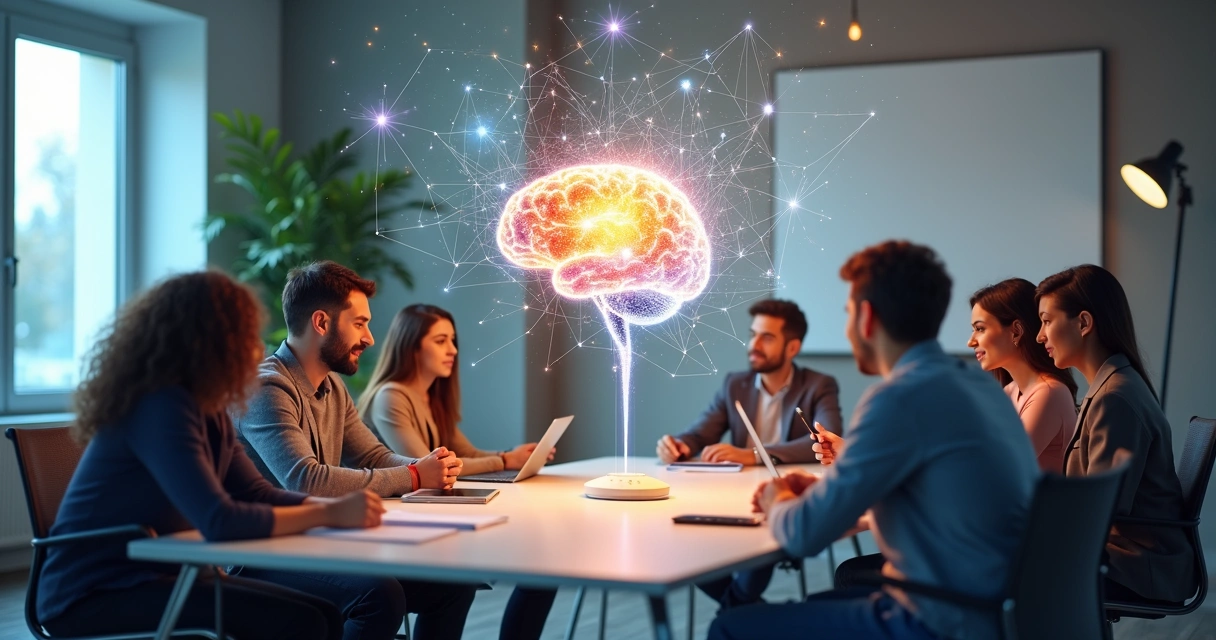 Team in meeting, brain diagram showing connection 