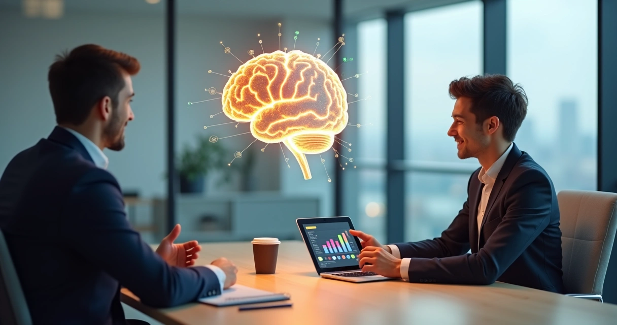 Vendedor mostrando tablet para cliente com cérebro iluminado ao fundo representando neurovendas 