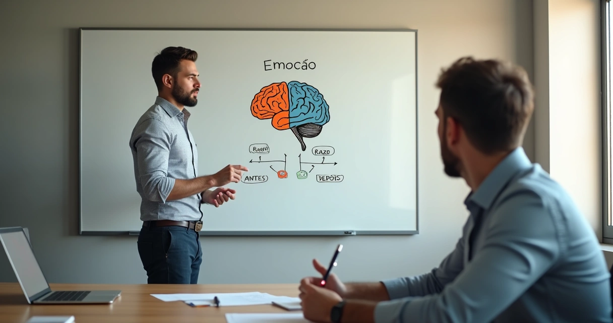 Empresário explicando proposta de vendas usando quadro com desenho de cérebro dividido em emoção e razão 
