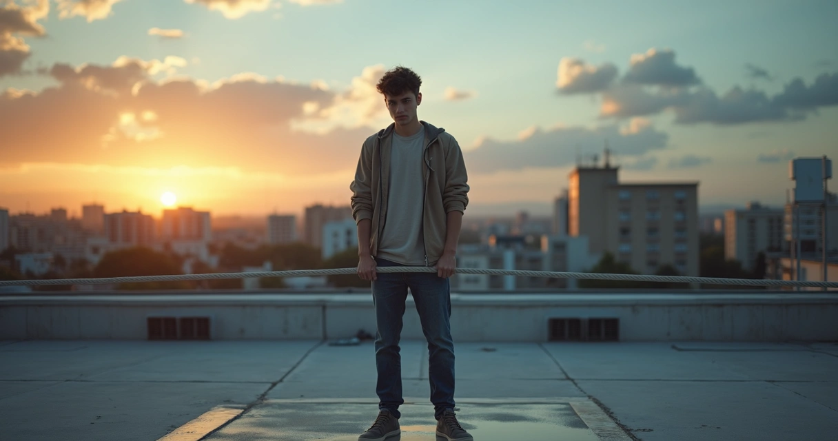 Persona en una azotea al atardecer sosteniendo una cuerda tensada entre dos edificios 