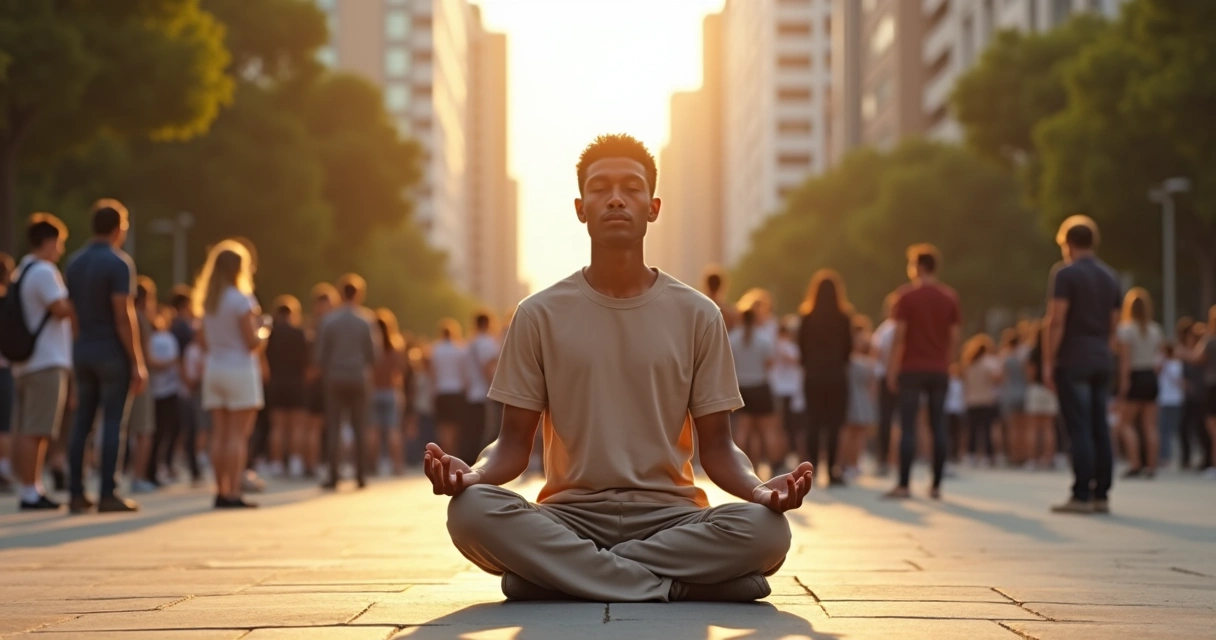 Pessoa sentada em praça urbana movimentada em postura de meditação em meio a grupos em discussão ao fundo 