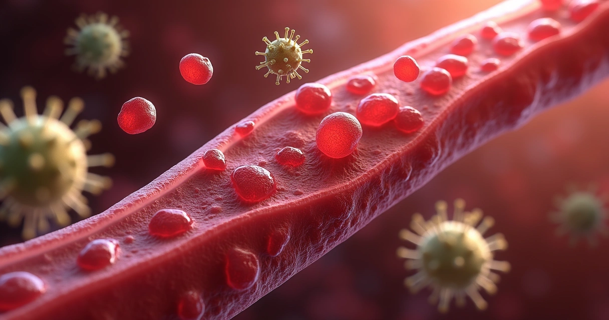 Ilustração médica mostrando neutrófilos baixos cercados por bactérias na corrente sanguínea 