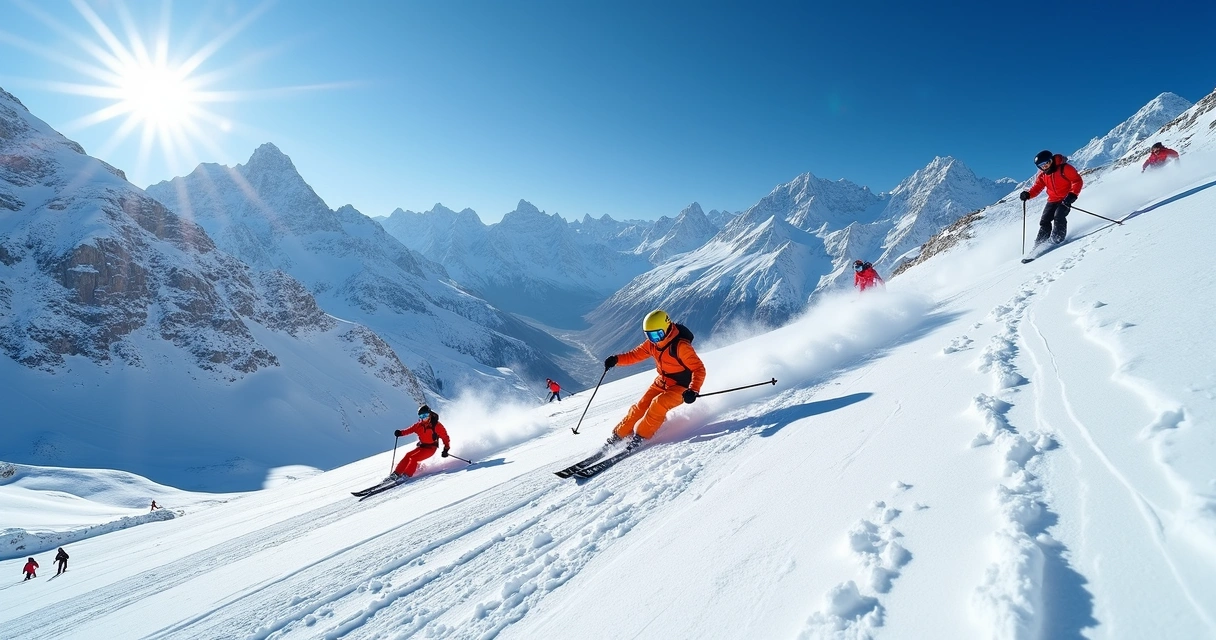 Esquiadores descendo pista de neve em pó com montanhas ao fundo