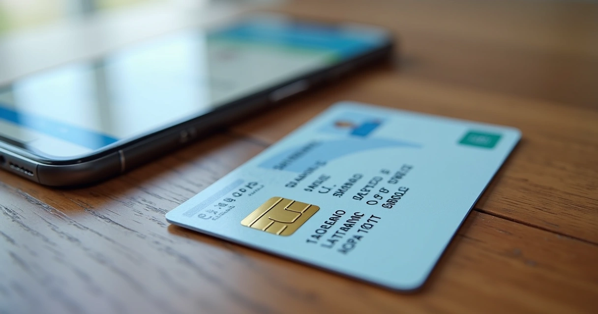 Close-up of the new Brazilian identity card placed on a wooden table beside a smartphone displaying the digital RG app interface 