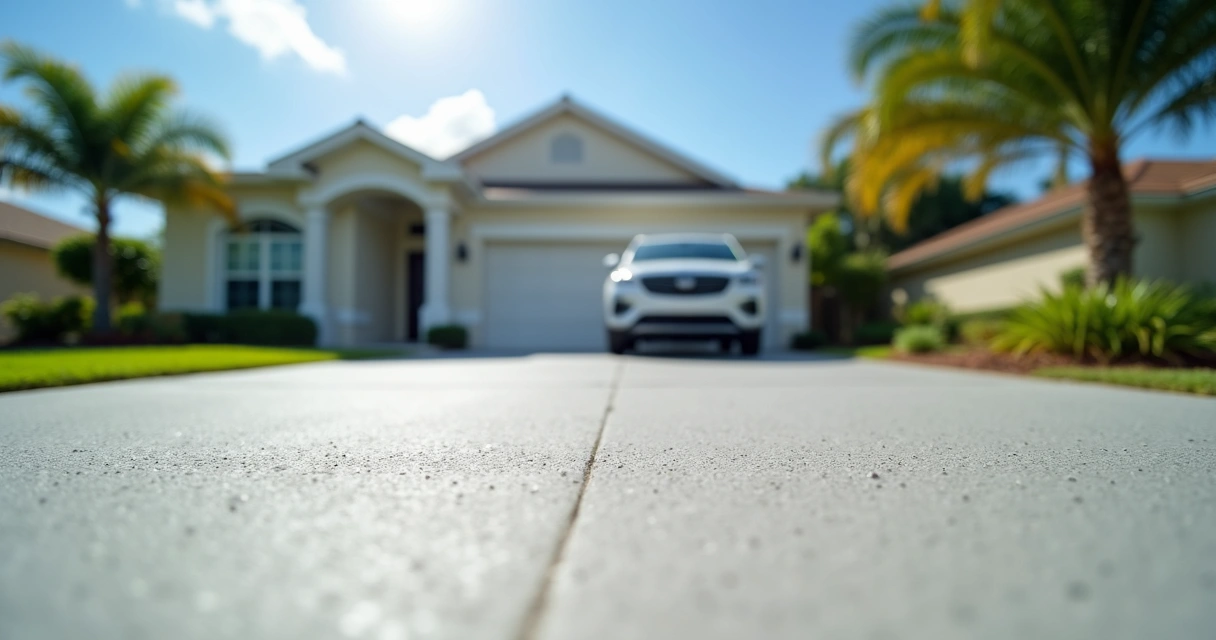 Clean new concrete driveway in Orlando home with car parked without tire marks 
