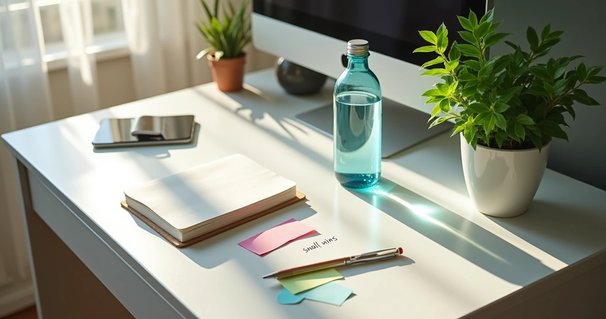 Desk organized with self-improvement tools