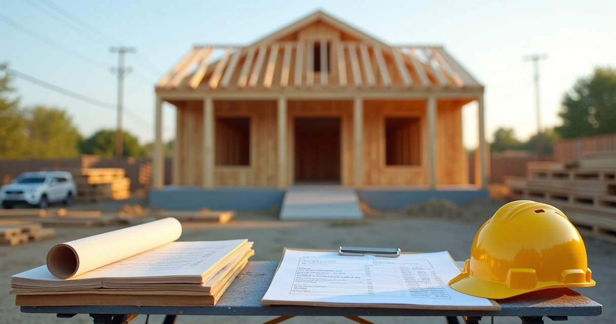 Partially built house with framing and construction plans 