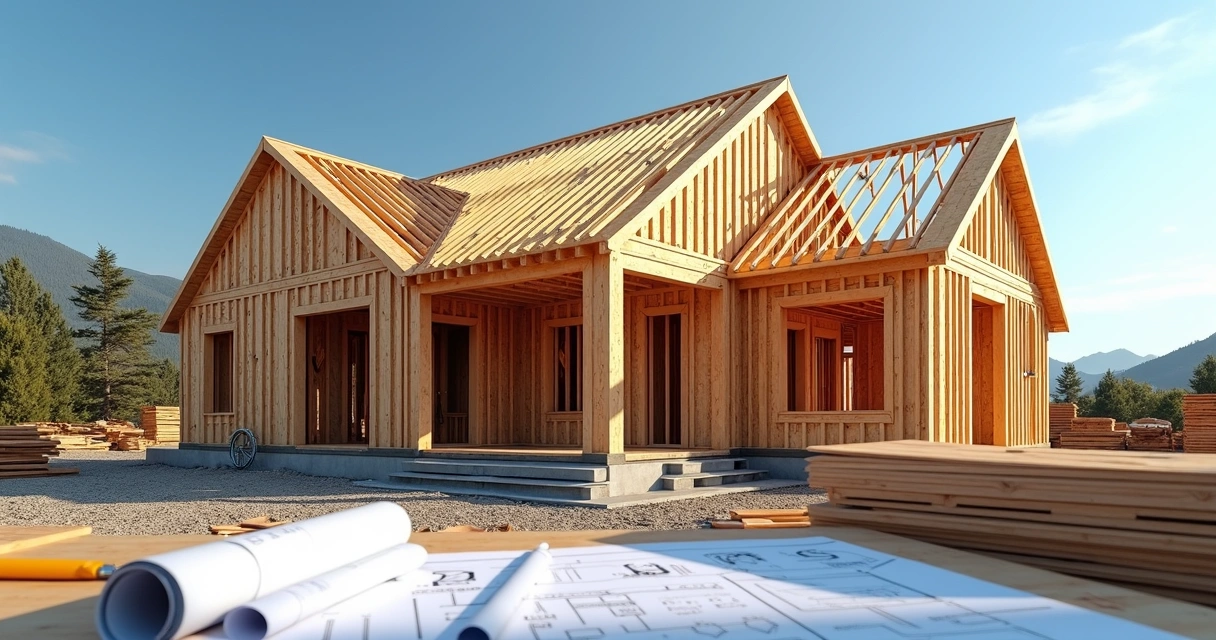 Wood frame house under construction in daylight. 