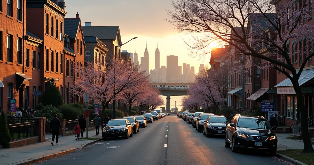 New Jersey skyline with neighborhood street and park in foreground 