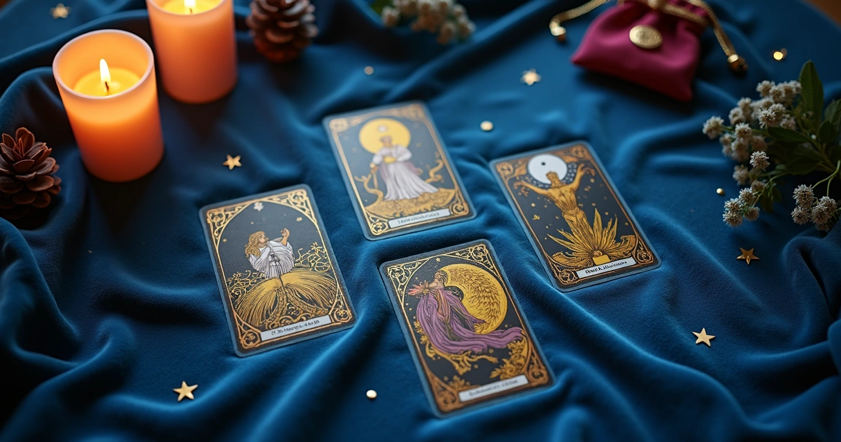 Five tarot cards arranged in a star pattern on a dark blue table backdrop with lit candles and a velvet pouch nearby 