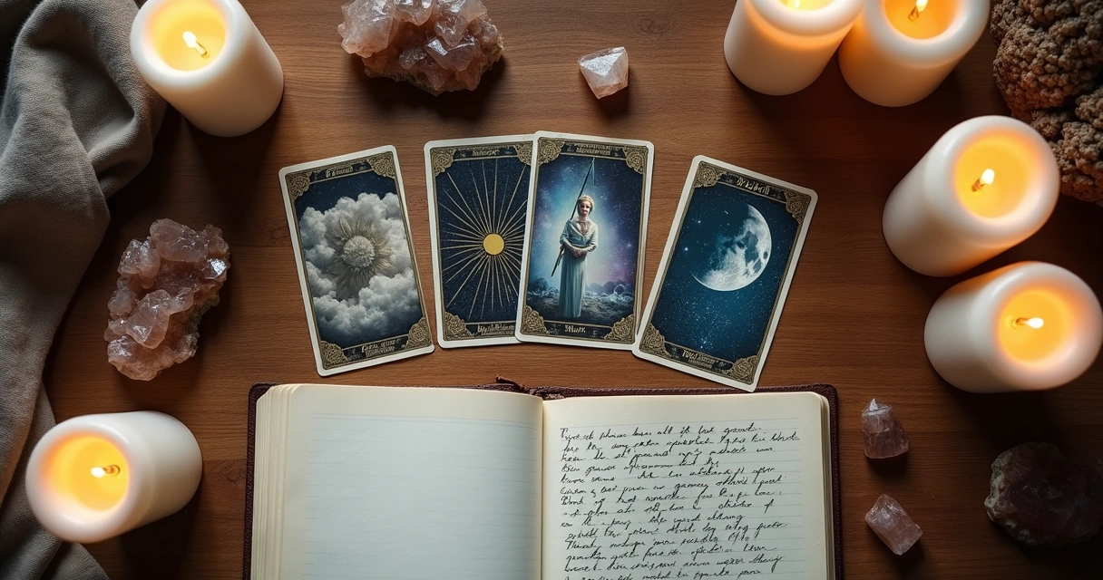 A table showing a five-card new moon tarot spread layout with candles, crystals, and notes. 