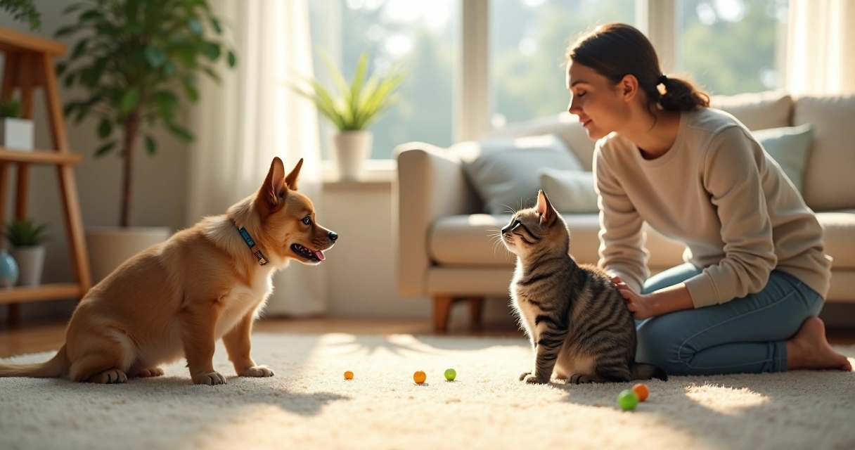 Small dog and cat cautiously meeting indoors supervised by owner in bright living room 