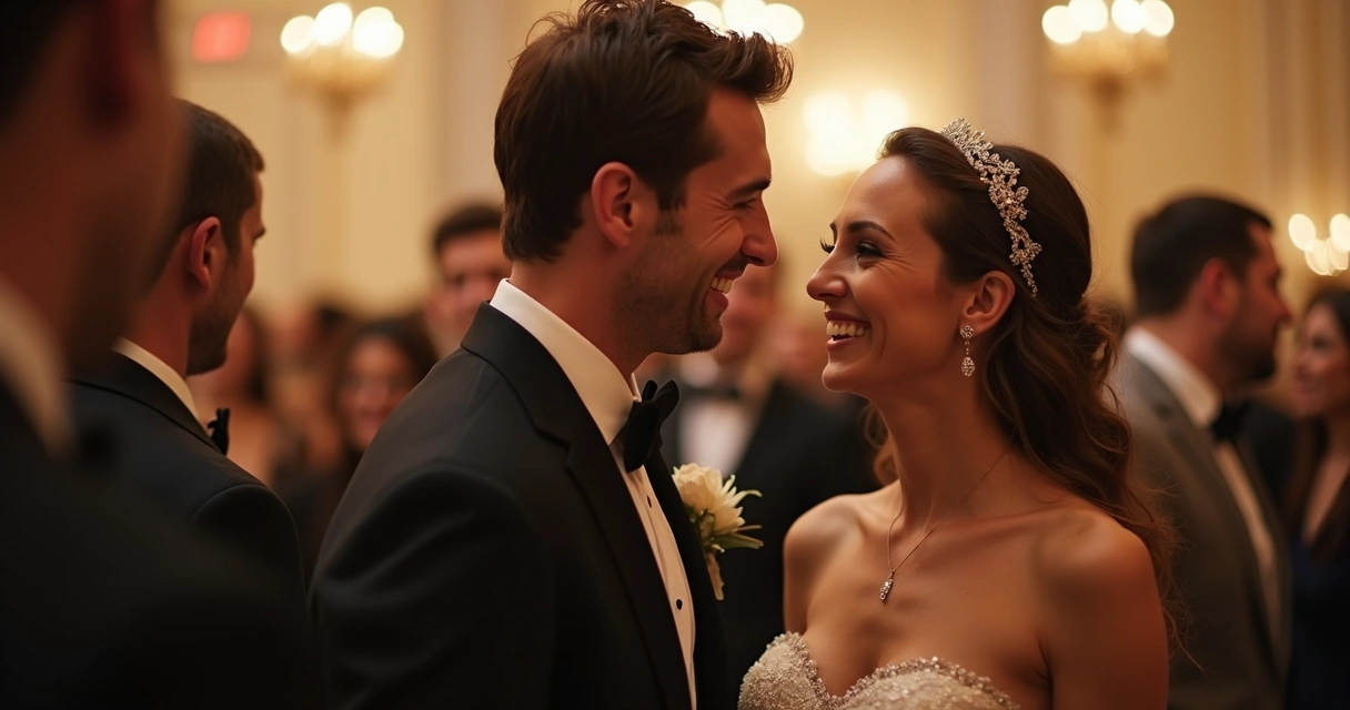 Newlyweds making eye contact and smiling subtly at a crowded party