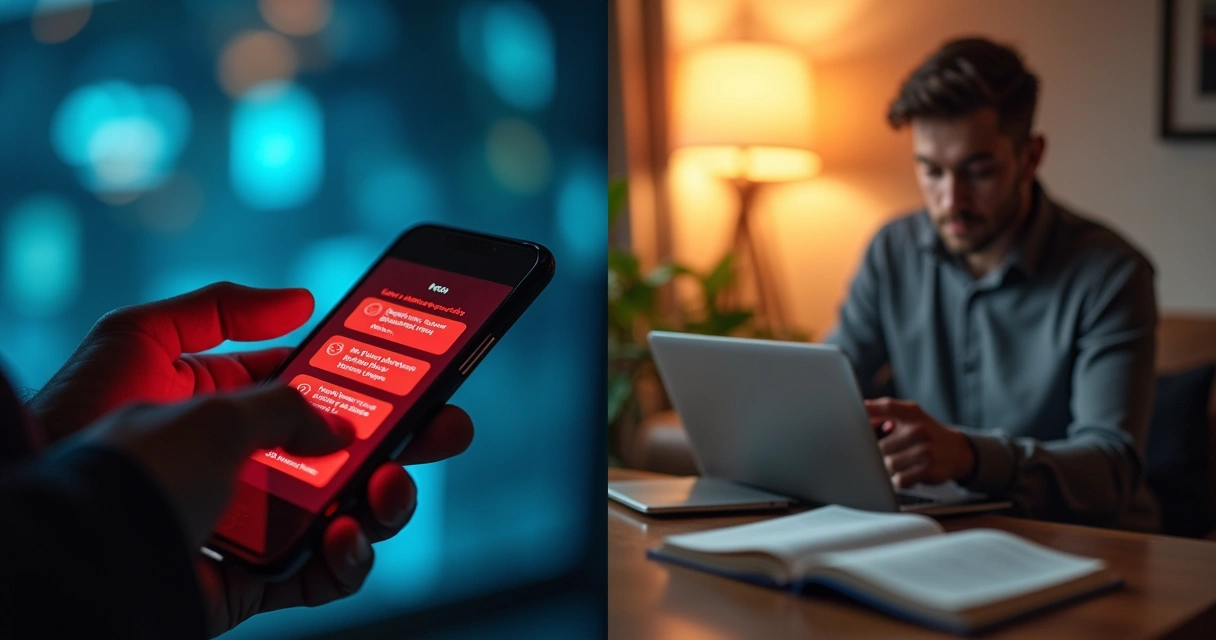 Split scene showing frantic phone alerts and a calm focused reading moment