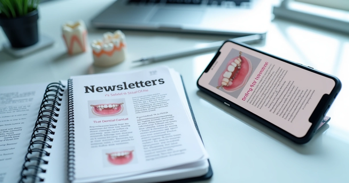 Notebooks mostrando newsletters e blogs sobre odontologia com imagens de dentes e sorriso 