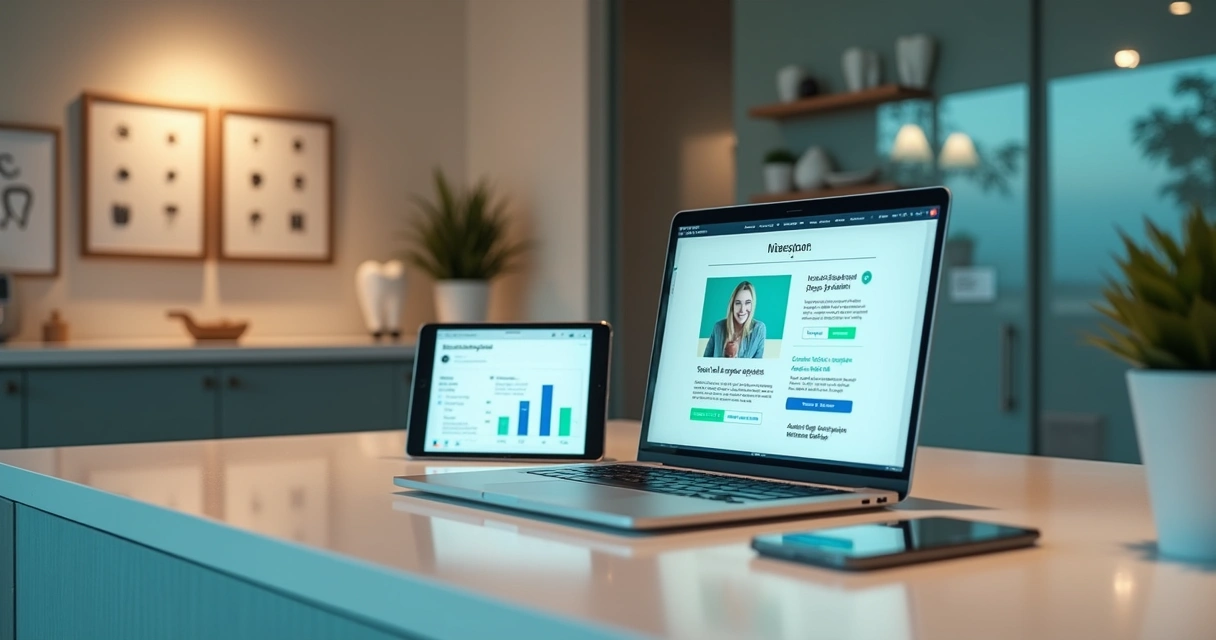 Gestor de clínica odontológica criando newsletter em laptop com elementos de design de e-mail na tela 