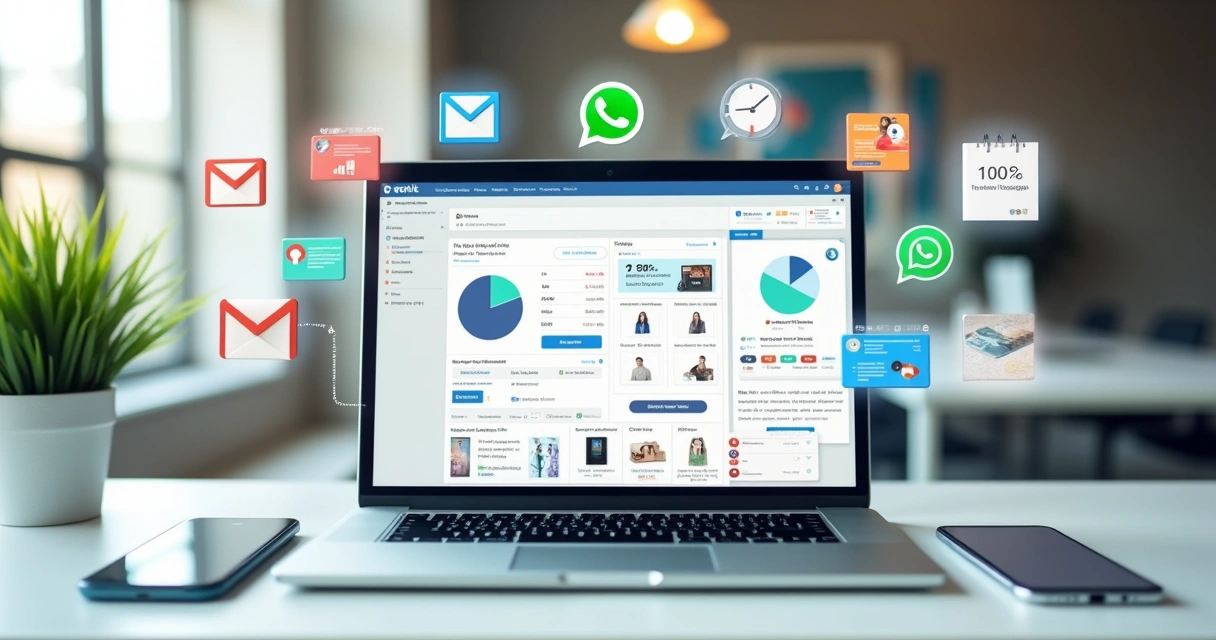 Tela de notebook com painel de newsletter para e-commerce e ícones de SMS e WhatsApp ao redor 
