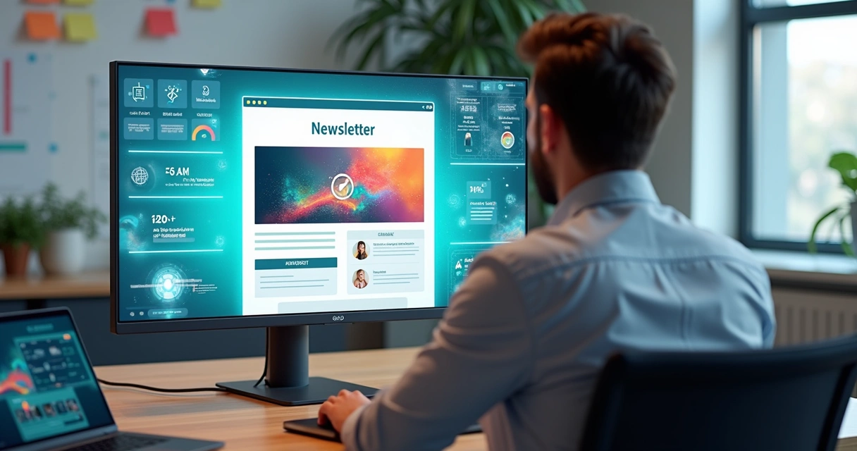 Profissional analisando painel com newsletter, IA, CRM e automações em destaque 