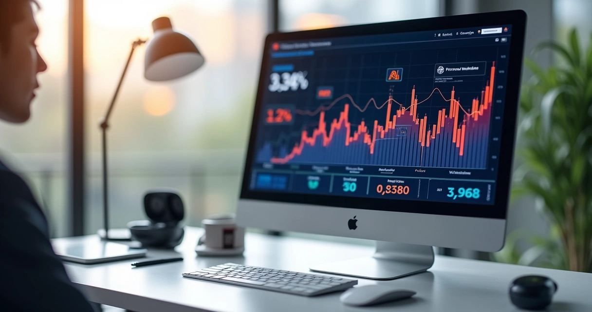 Tela de computador mostrando gráficos de desempenho de newsletter com ícones de IA e elementos de personalização do conteúdo 