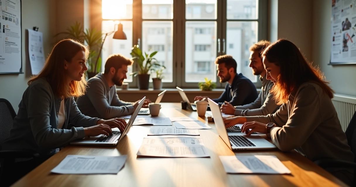 Equipe reunida ao redor de uma mesa discutindo newsletter com computadores e anotações