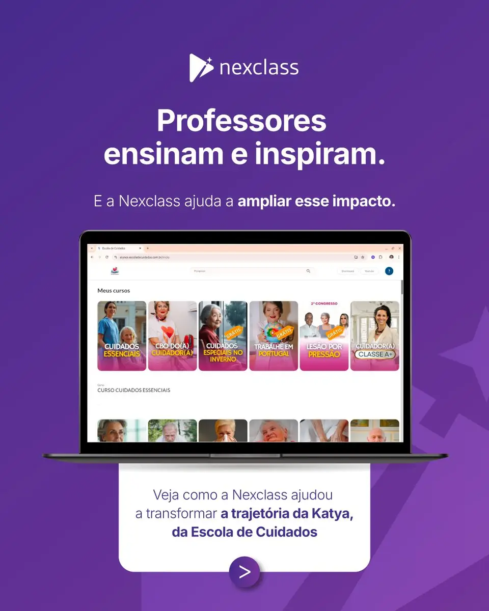 Tela de laptop exibindo cursos da Escola de Cuidados com fundo roxo