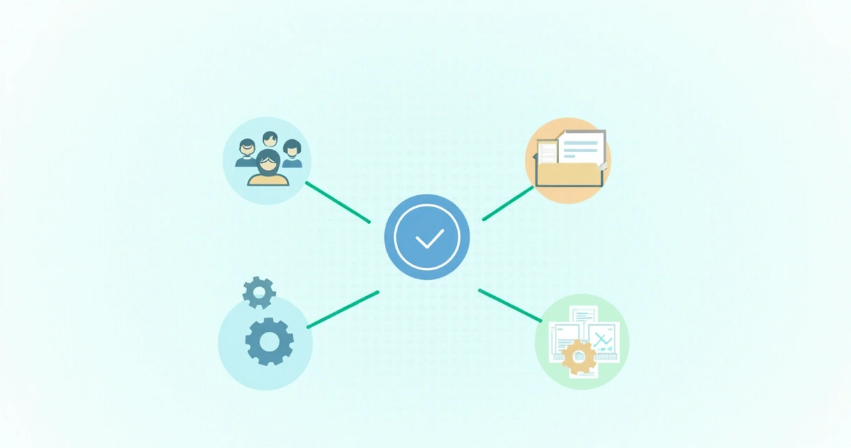 Ilustração de hub conectando pessoas, processos e projetos em tecnologia 