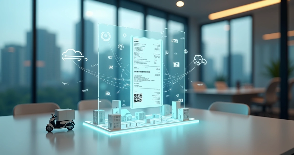 Painel digital azul com ícone de NFC-e pairando sobre maquete de cidade com pequenas lojas 