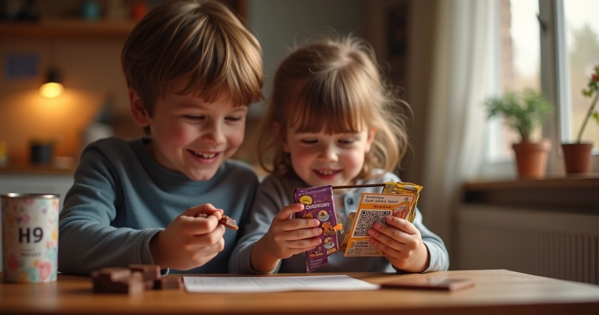 Criança e adulto sorrindo com chocolate e QR code 