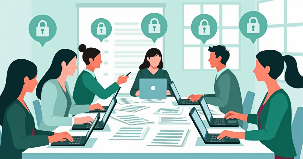 Flat illustration showing a group of NGO staff signing digital documents using laptops and mobile phones, secure file padlocks visible, simple office setting. 