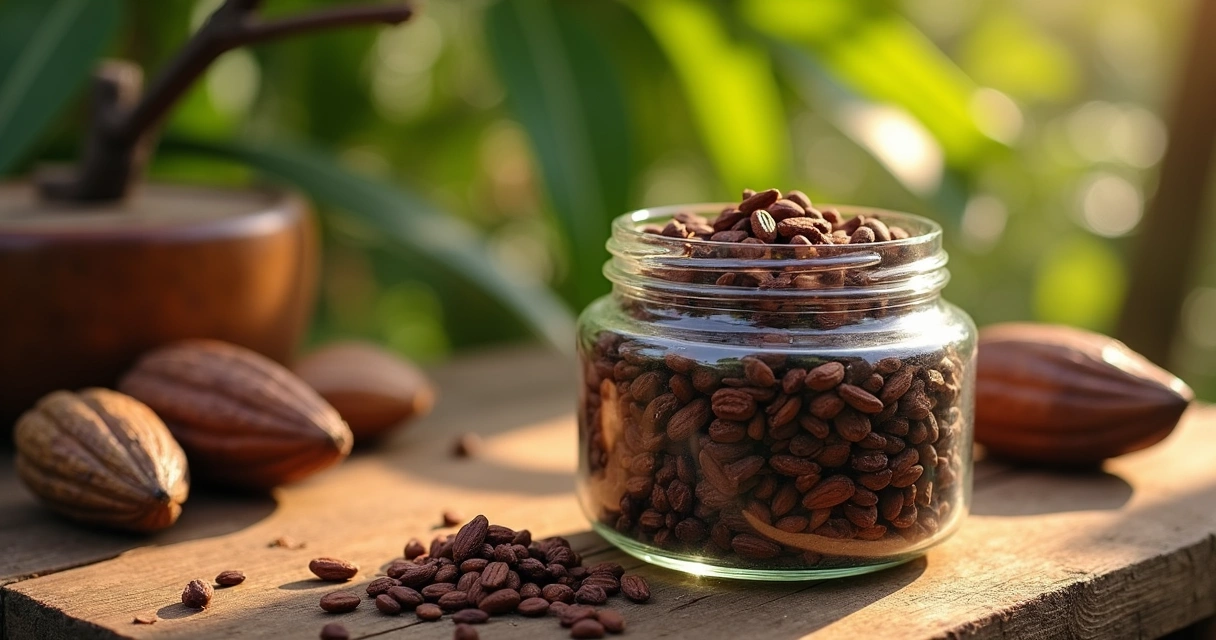 Nibs de cacau artesanal em pote sobre mesa de madeira 