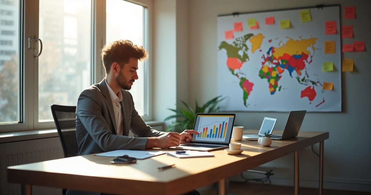 Pessoa analisando gráficos e tendências de nicho de mercado em notebook