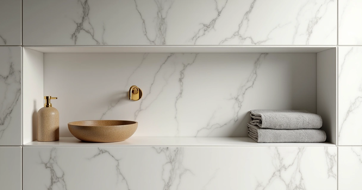 Nicho de banheiro em quartzo branco contrastando com toalhas cinza e uma torneira dourada 