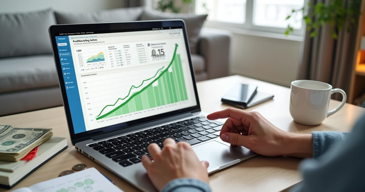 Pessoa analisando nichos de blog lucrativos em tela com gráficos e dinheiro 