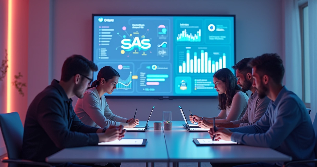 Startups e empreendedores digitais discutindo projetos com telas tecnológicas ao fundo 