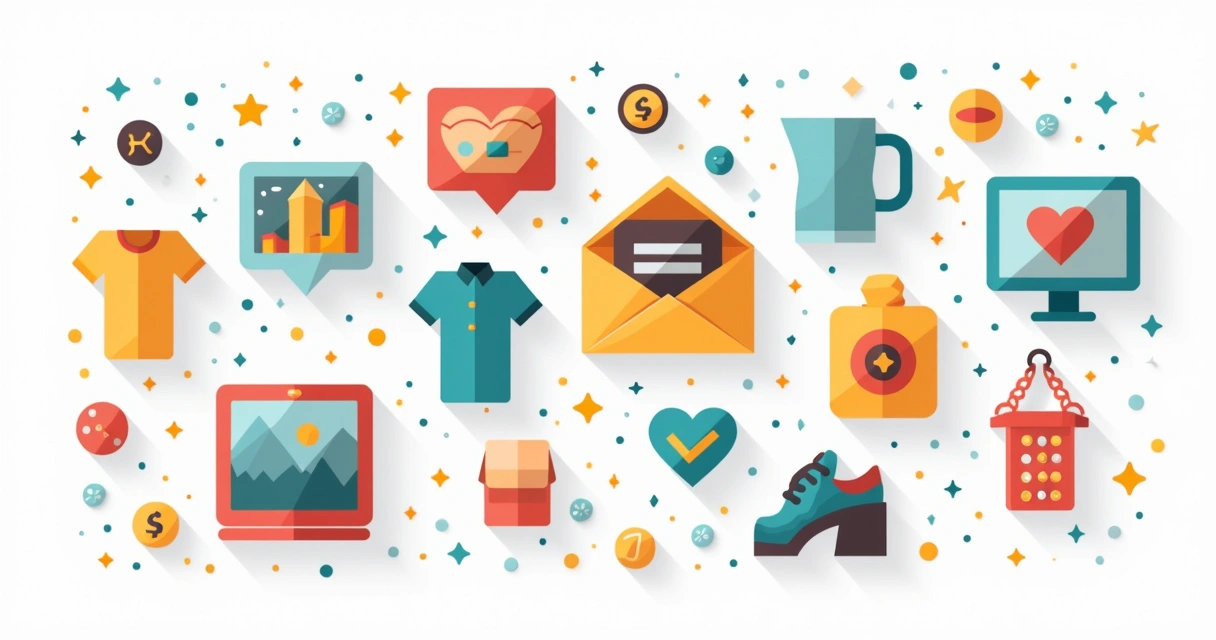 Diversos nichos de mercado representados por ícones coloridos, como camisas, canecas e quadros 