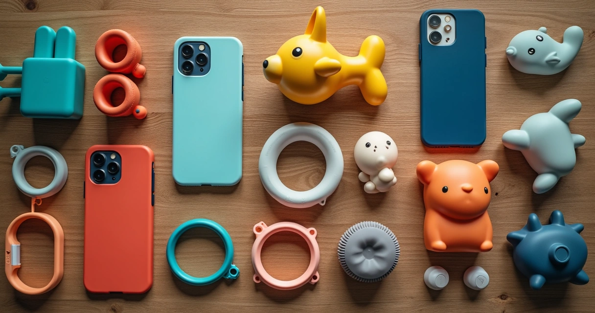 Diferentes produtos de nicho sobre uma mesa, incluindo acessórios de celular, artigos para pets e itens fitness 