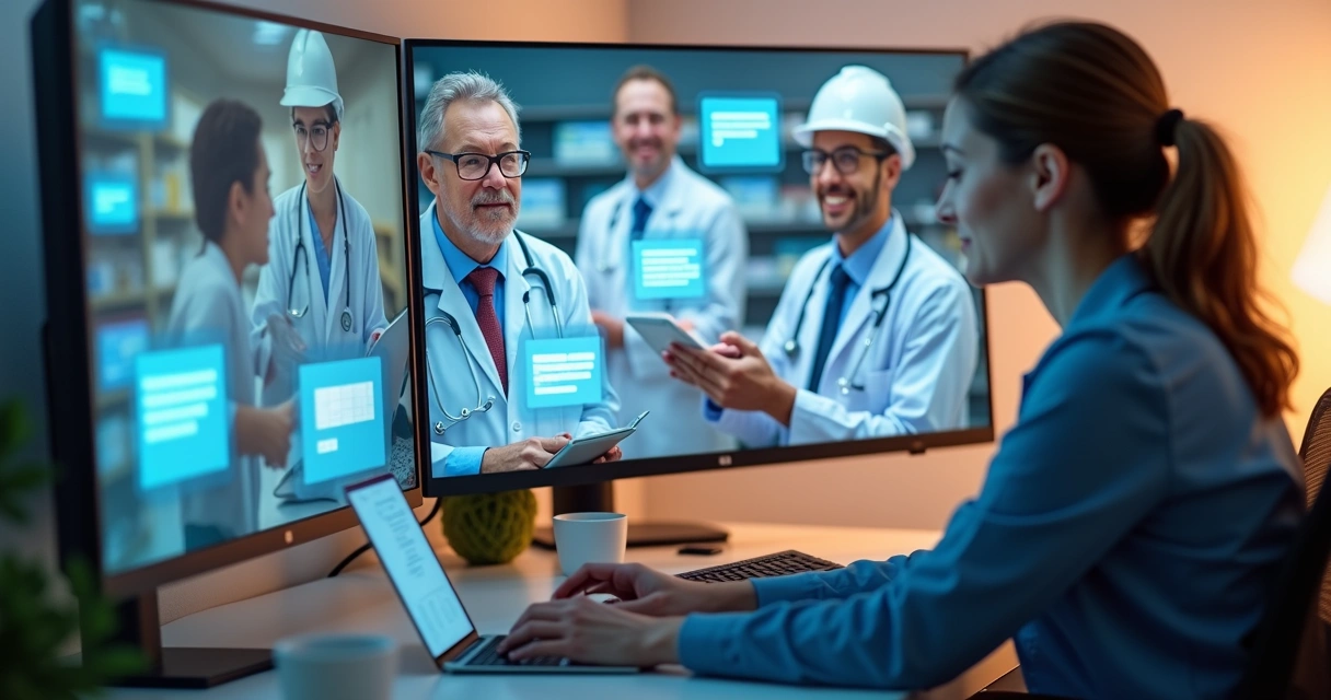 Montagem com diferentes profissionais atuando online 