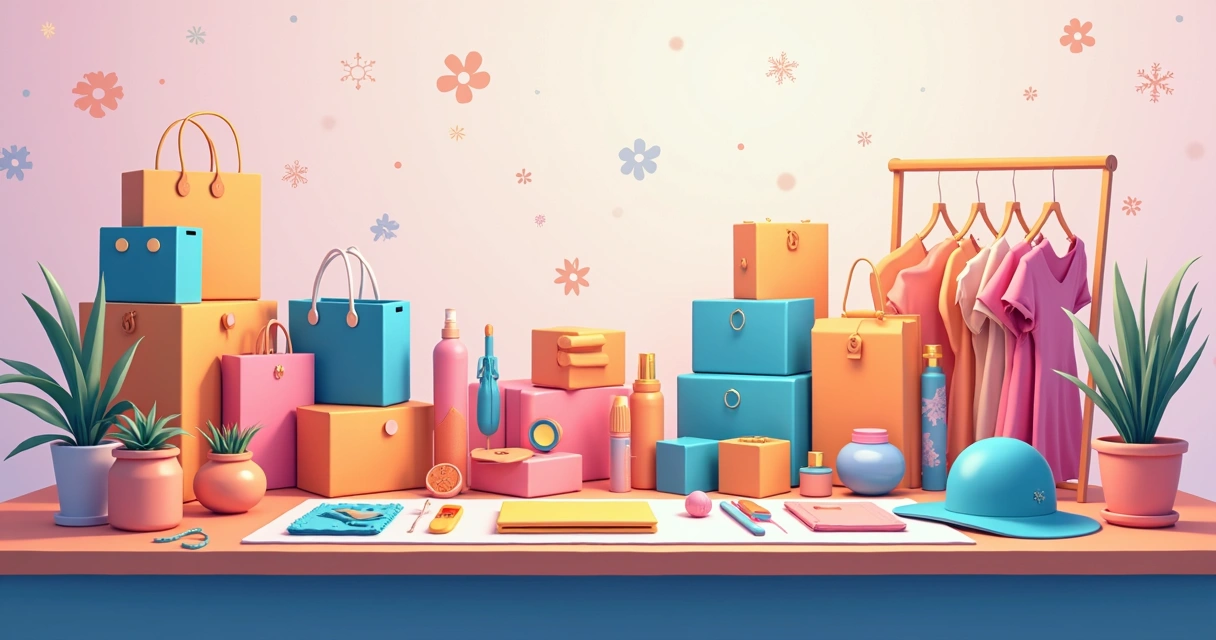 Variety of products for dropshipping on a table, showing fashion, cosmetics, and kitchen items 