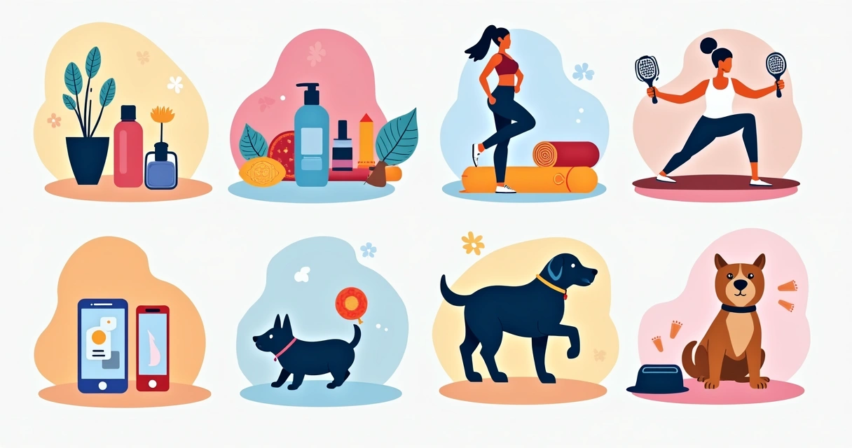 Ilustrações representando diferentes nichos de produtos como beleza, fitness, tecnologia e pet shop 