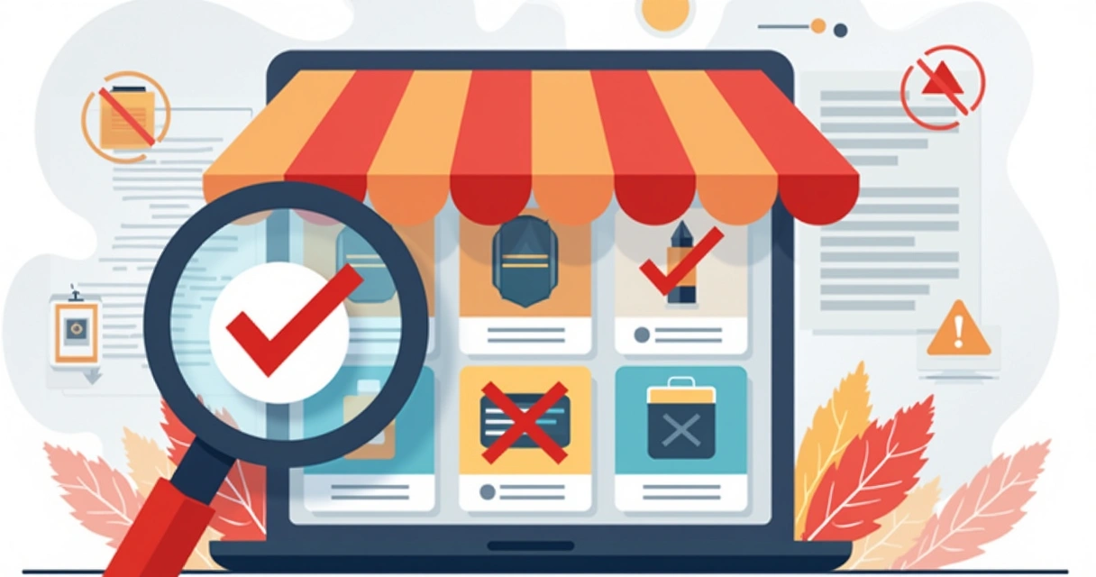 Vitrine digital mostrando produtos com placas de advertência 