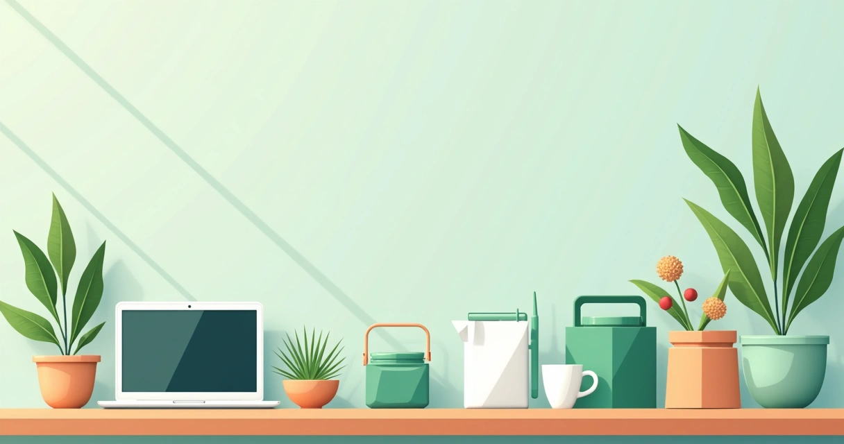 Seleção de produtos tecnológicos e itens sustentáveis em destaque sobre mesa branca 