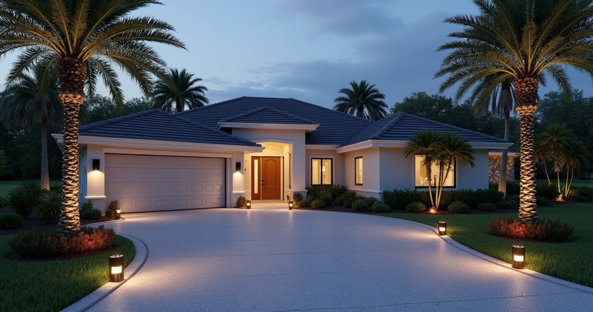 Nighttime driveway scene with path lighting and clear car entry, Orlando 