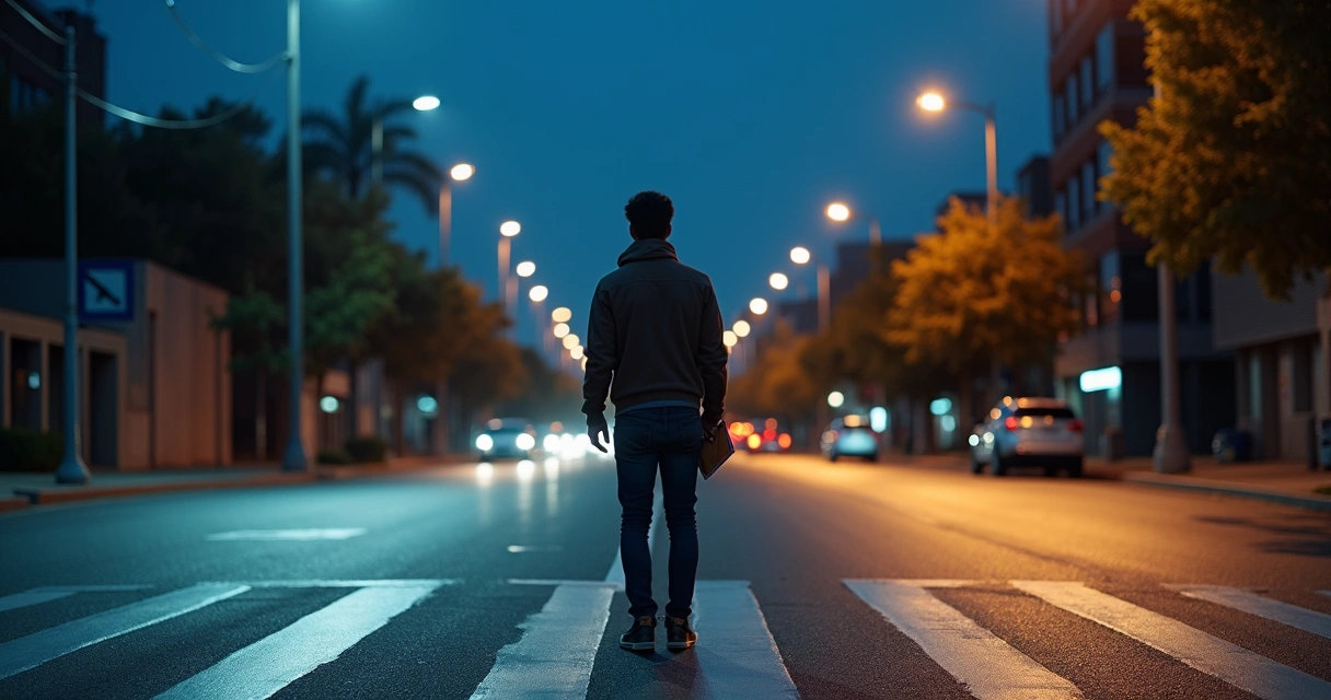 Person at night crossroads adjusting direction under shifting streetlights 