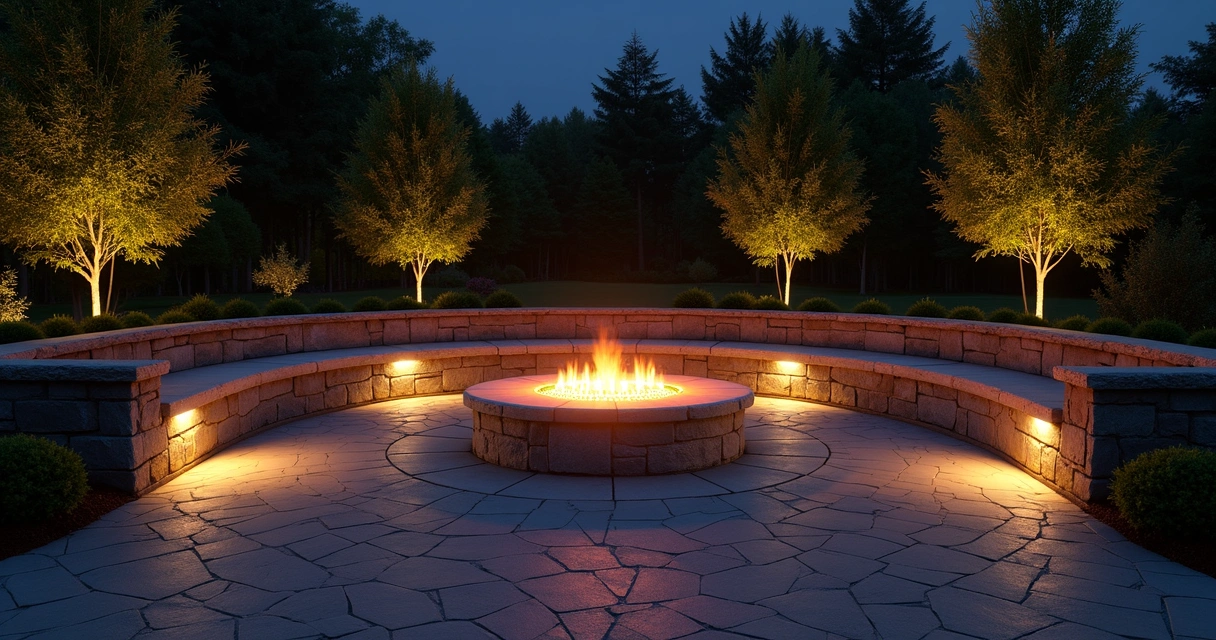 Fire pit paver patio with accent lighting and seating at night 
