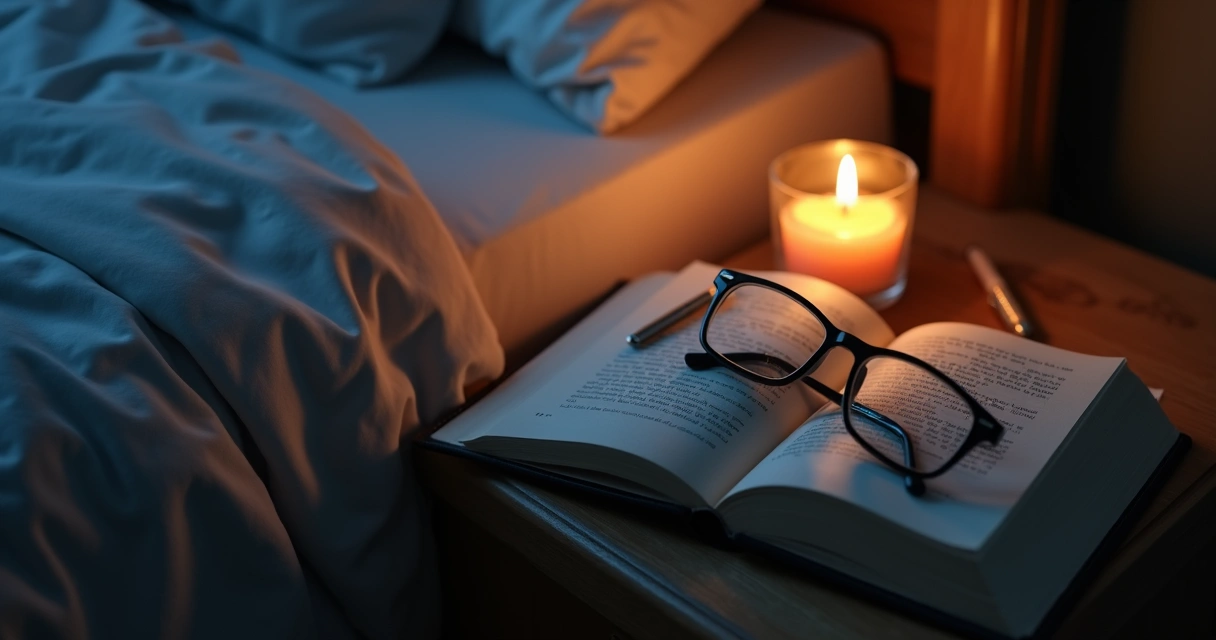 Journal, candle, and glasses on a bedside table at night 